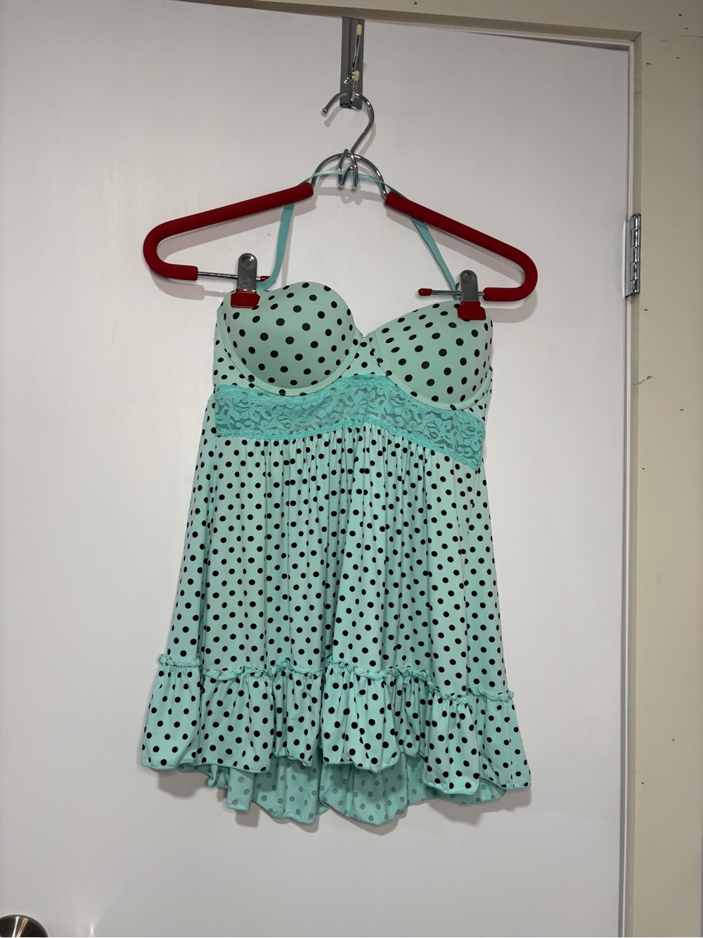 Y2K Polka Dot Lace-Trim Babydoll Chemise in Mint